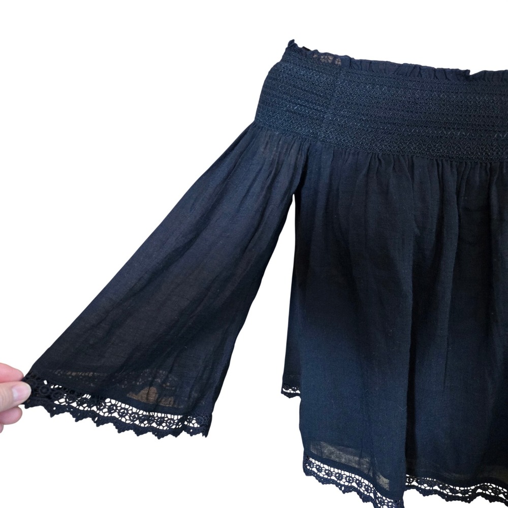 Zara Trafulac Black Off Shoulder Smocked Crop Top Bell‎ Sleeve Lace Trim Medium - Picture 3 of 8
